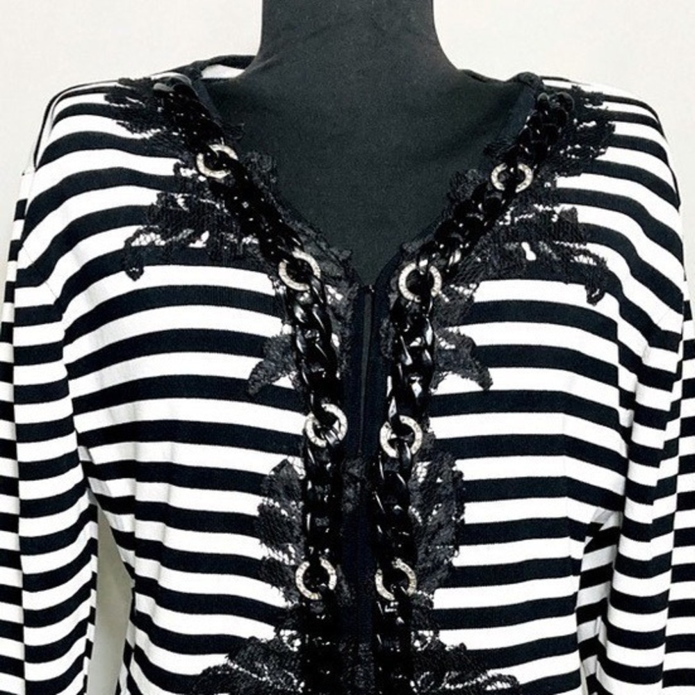Moffi Striped Cardigan Lace & Chain Detail 3/4 Sleeve Size 10 Statement Sweater
